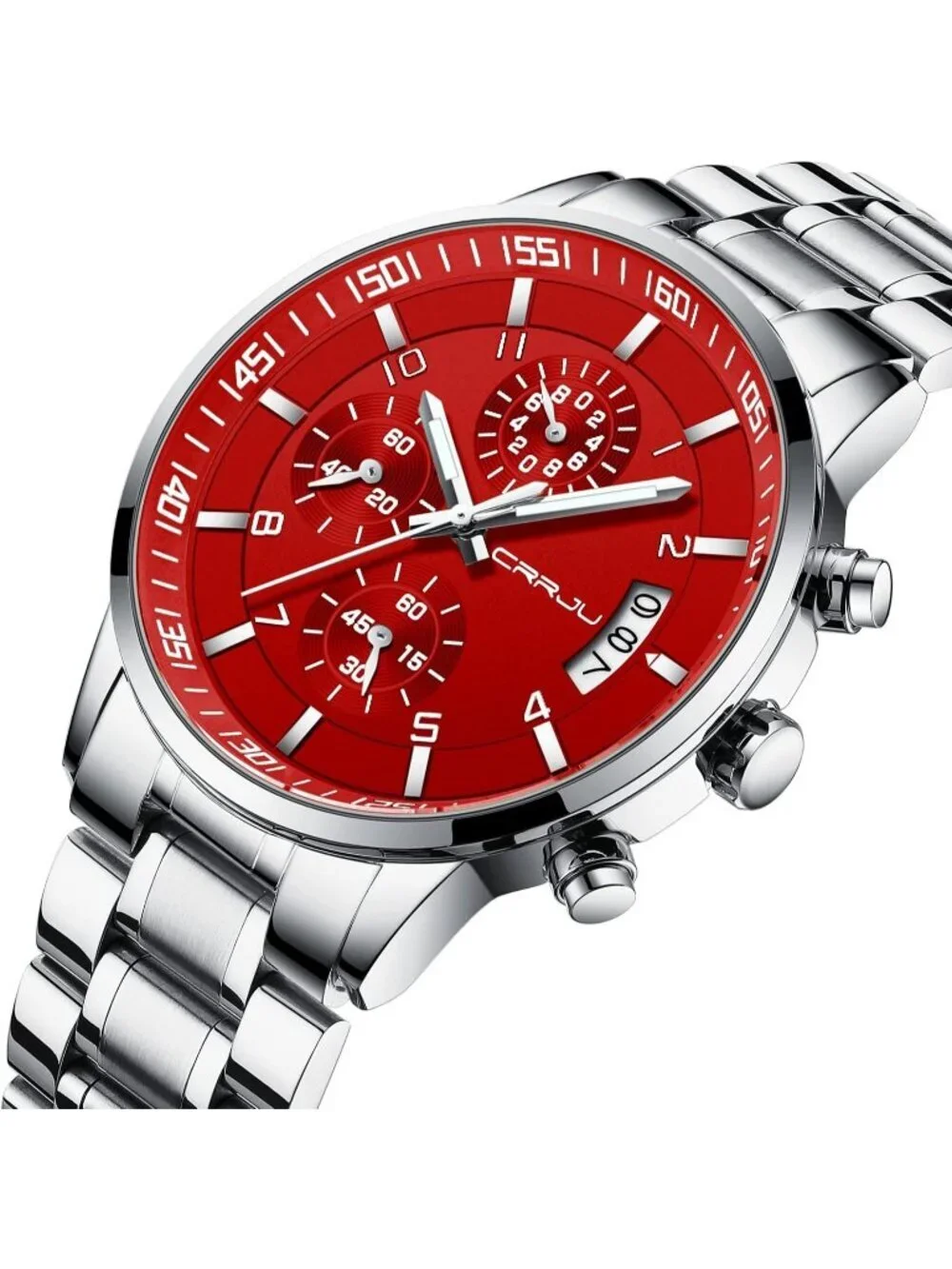 Men's Silver And Red Analog Stainless Steel Waterproof Chronograph Wrist Watch